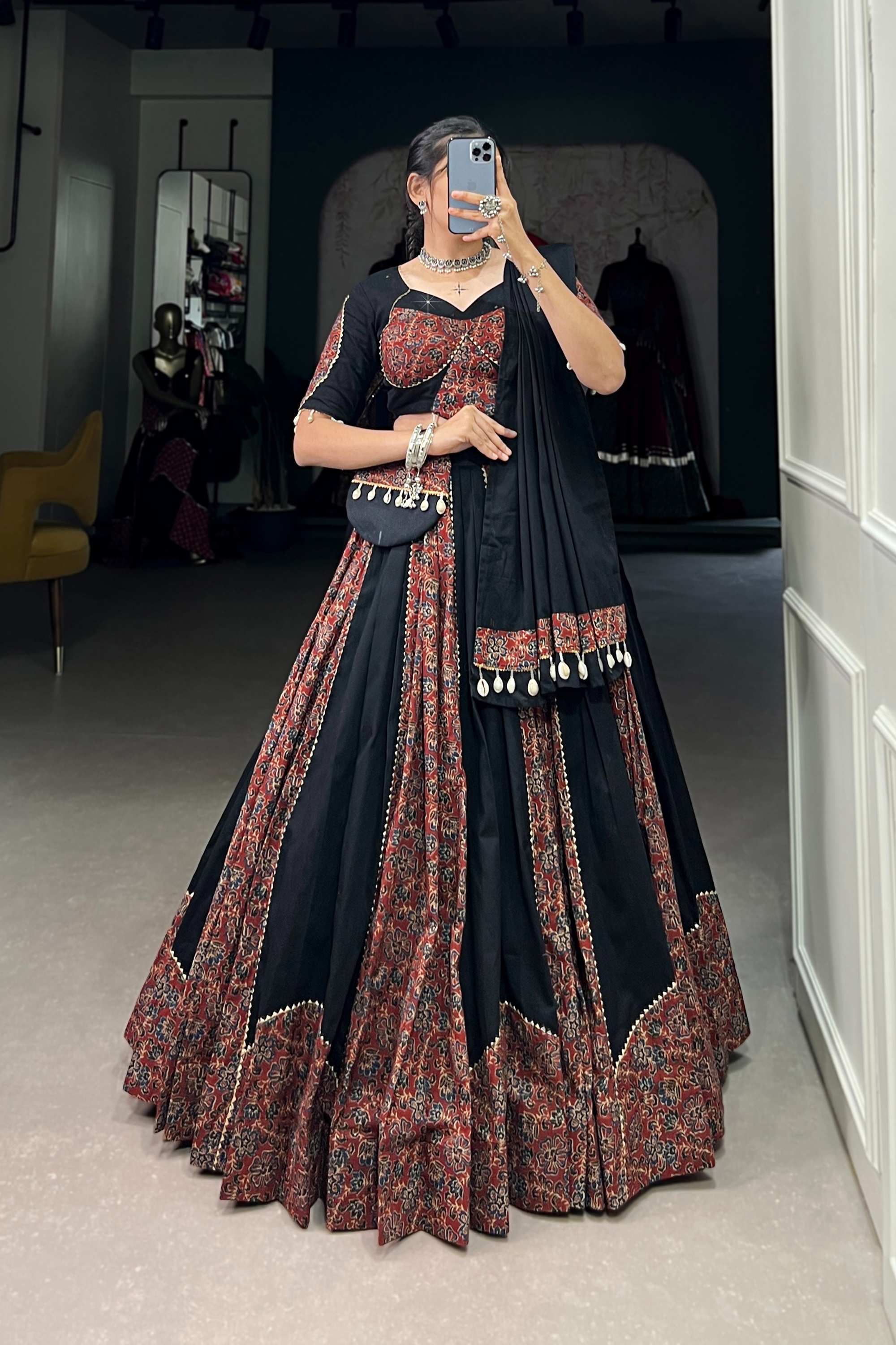 Black Cotton Chaniya Choli Set with Gota Patti & Printed Work – Traditional Ethnic Lehenga for Women