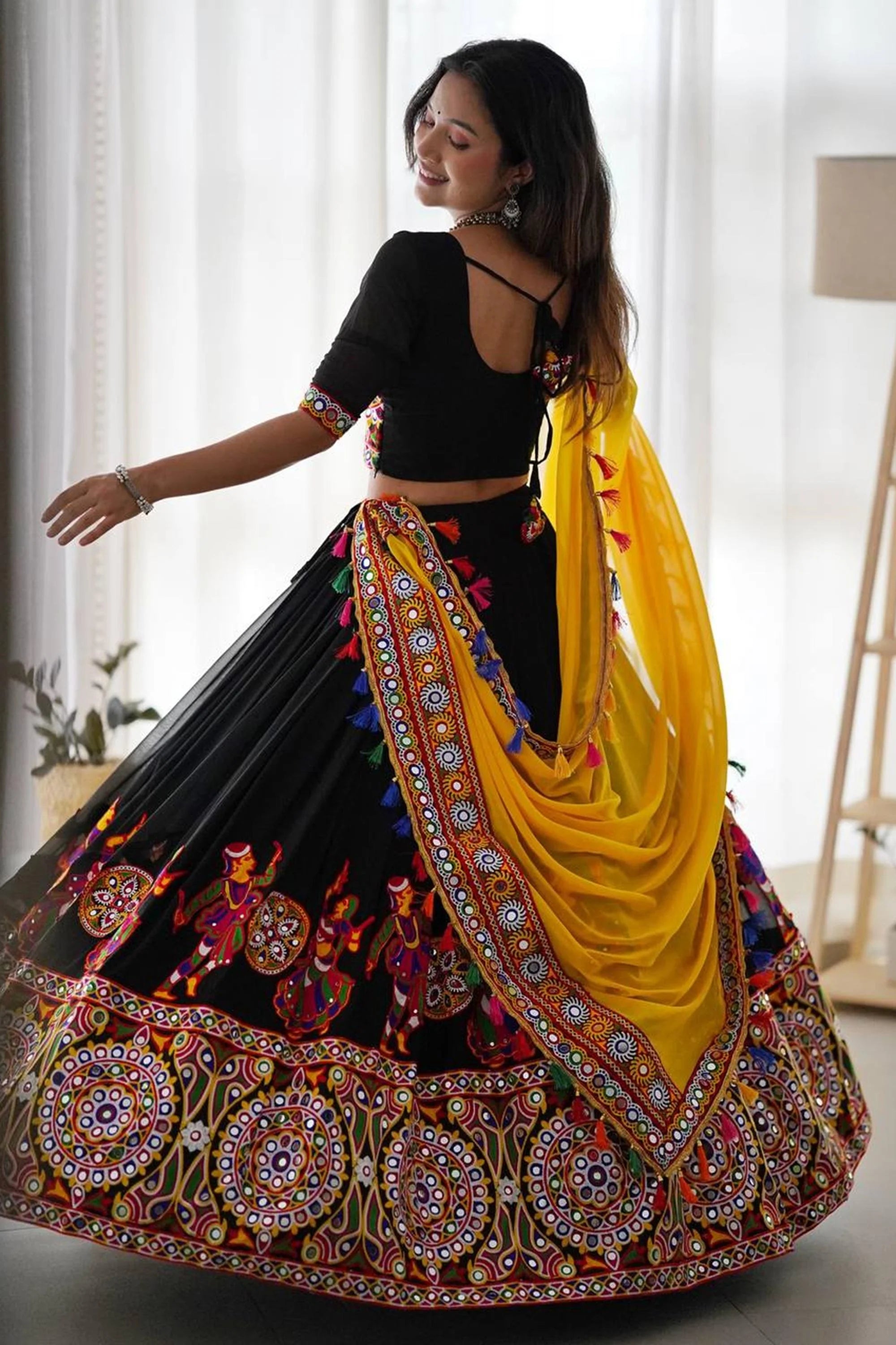 Black Faux Georgette Chaniya Choli with Authentic Mirror Work – Traditional Ethnic Lehenga for Women